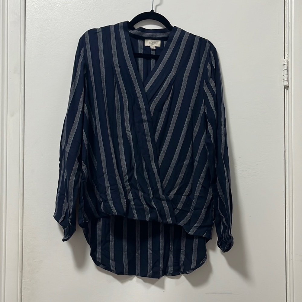 Loft Navy Stripe Hi-Lo Long Sleeved Blouse